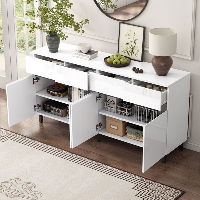 Buffet Blanc Brillant 160 cm, Meuble de Rangement Moderne avec Étagères Réglables, 4 Tiroirs, 4 Portes, pour Salon et Salle à