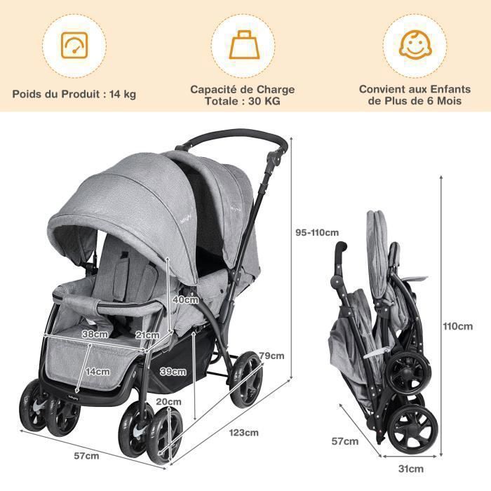 Cochecito doble plegable COSTWAY con capota ajustable, manillar, 4 ruedas con amortiguación, arnés de 5 puntos y capacidad de carga de 30 kg - Gris