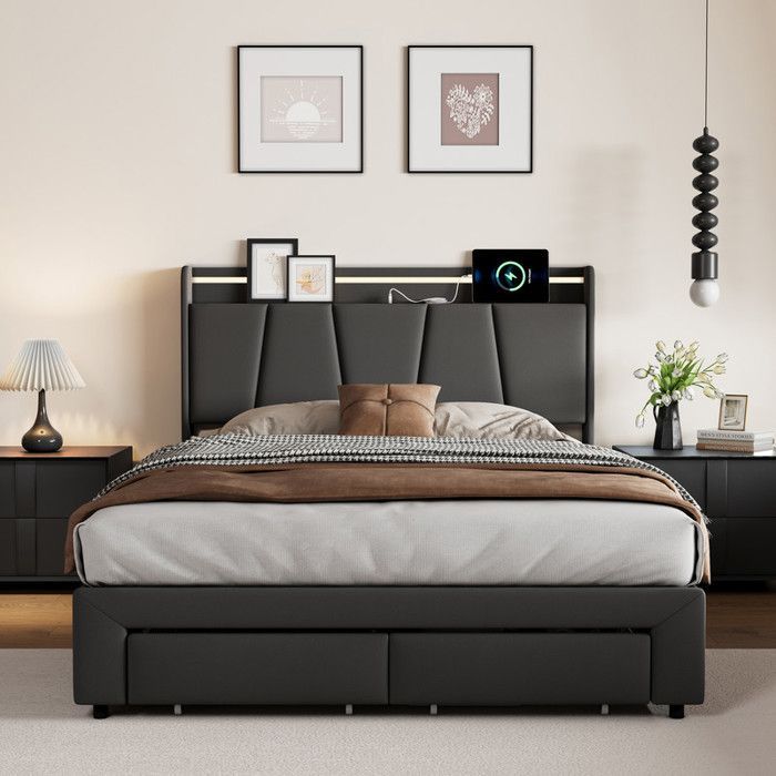 Cama de almacenamiento de 140 x 190 cm con somier de láminas, cama doble con LED y USB, piecero con cajón, cama con somier de láminas