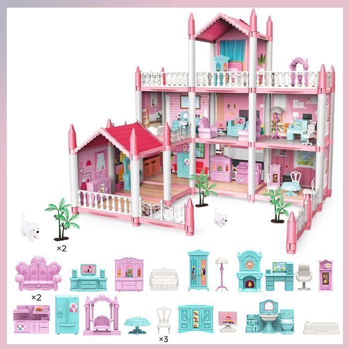 Dollhouse - 4 Floors, 11 Rooms, Pink Building Set, Dollhouse Accessories and Furniture, Gift for