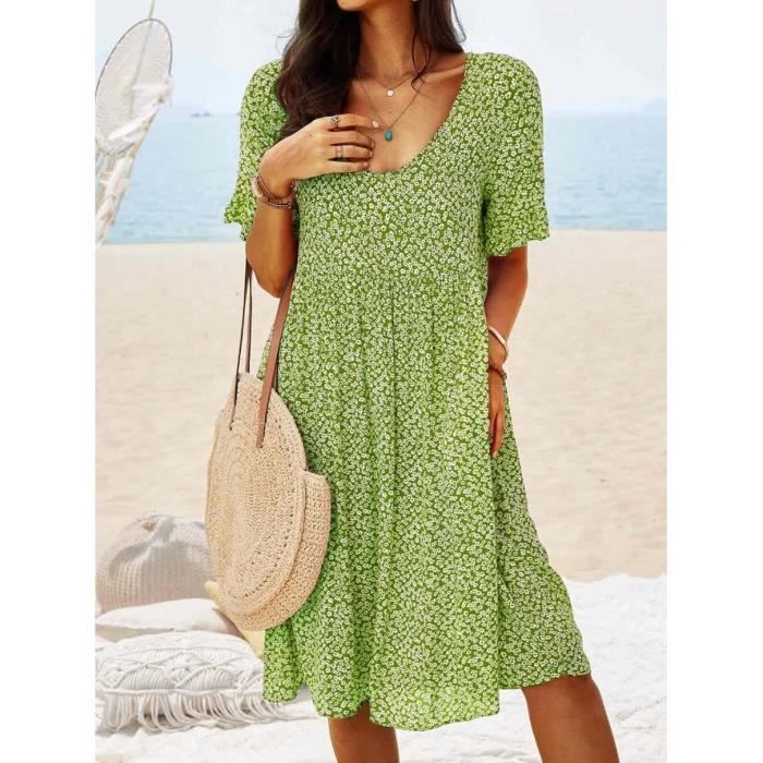 Robe d'été pour femmes Vintage imprimé Boho décontractée taille élastique style bohème Vert