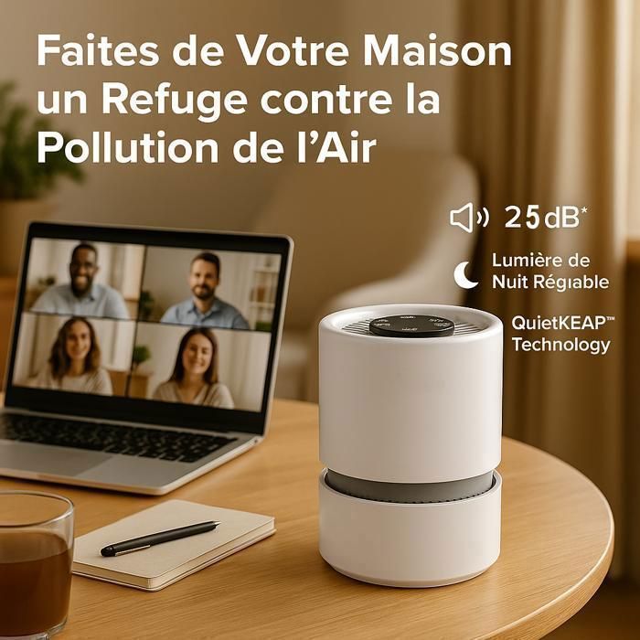 Purificador de aire para dormitorio, filtración eficaz contra alergias y olores, silencioso, ahorro de energía de 5 W, 3 velocidades.