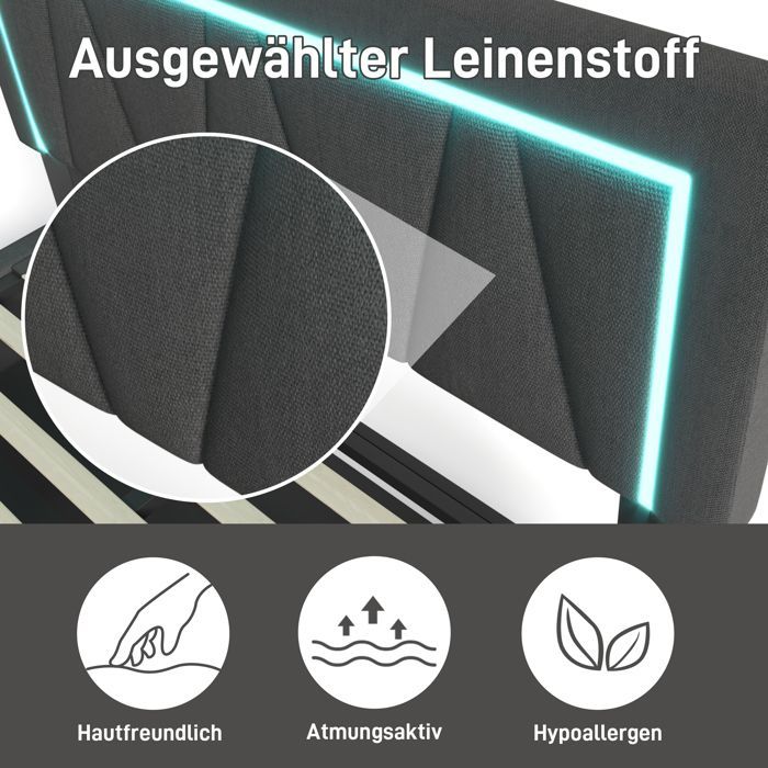 LINKHOO lit  rembourré Lit double LED avec USB Type-C, cadre de lit en lin, 160x200 avec sommier à lattes (sans matelas), gris