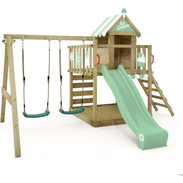 Aire de jeux bois WICKEY Smart Candy avec toboggan 220 cm vert pastel, double balançoire et maisonnette – 10 ans de garantie*