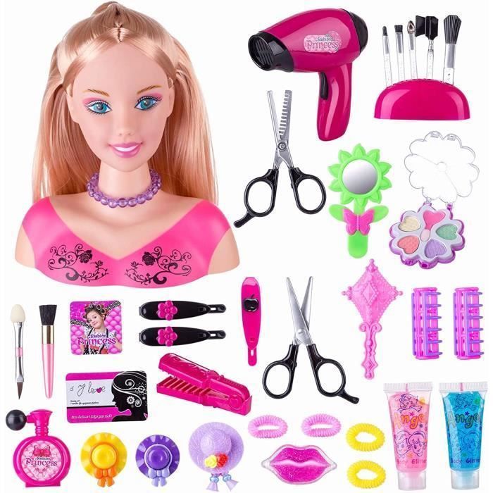 Juego de imitación para niños con 34 piezas: cabeza para peinar muñecas y secador de pelo multicolor.