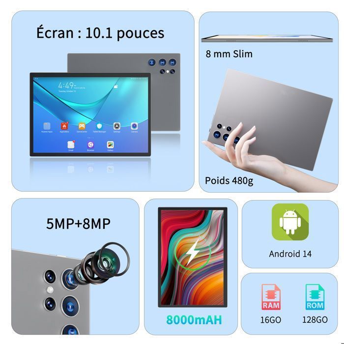 Tablette tactile 10,1 pouces, tablette Android 14, 16 Go RAM 128 Go ROM, IPS 1280*800 HD, 8000 mAh, Type-C, gris.