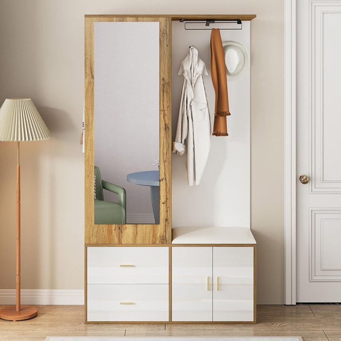 White and wood entryway wardrobe with mirror, shoe cabinet, shoe bench with hooks and sliding hangers
