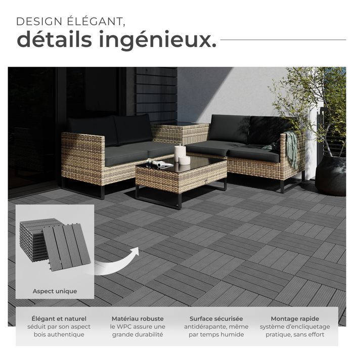 Terrassenfliesen – TECTAKE – Set mit 11 TEGULAS Terrassenfliesen in WPC-Holzoptik – Grau