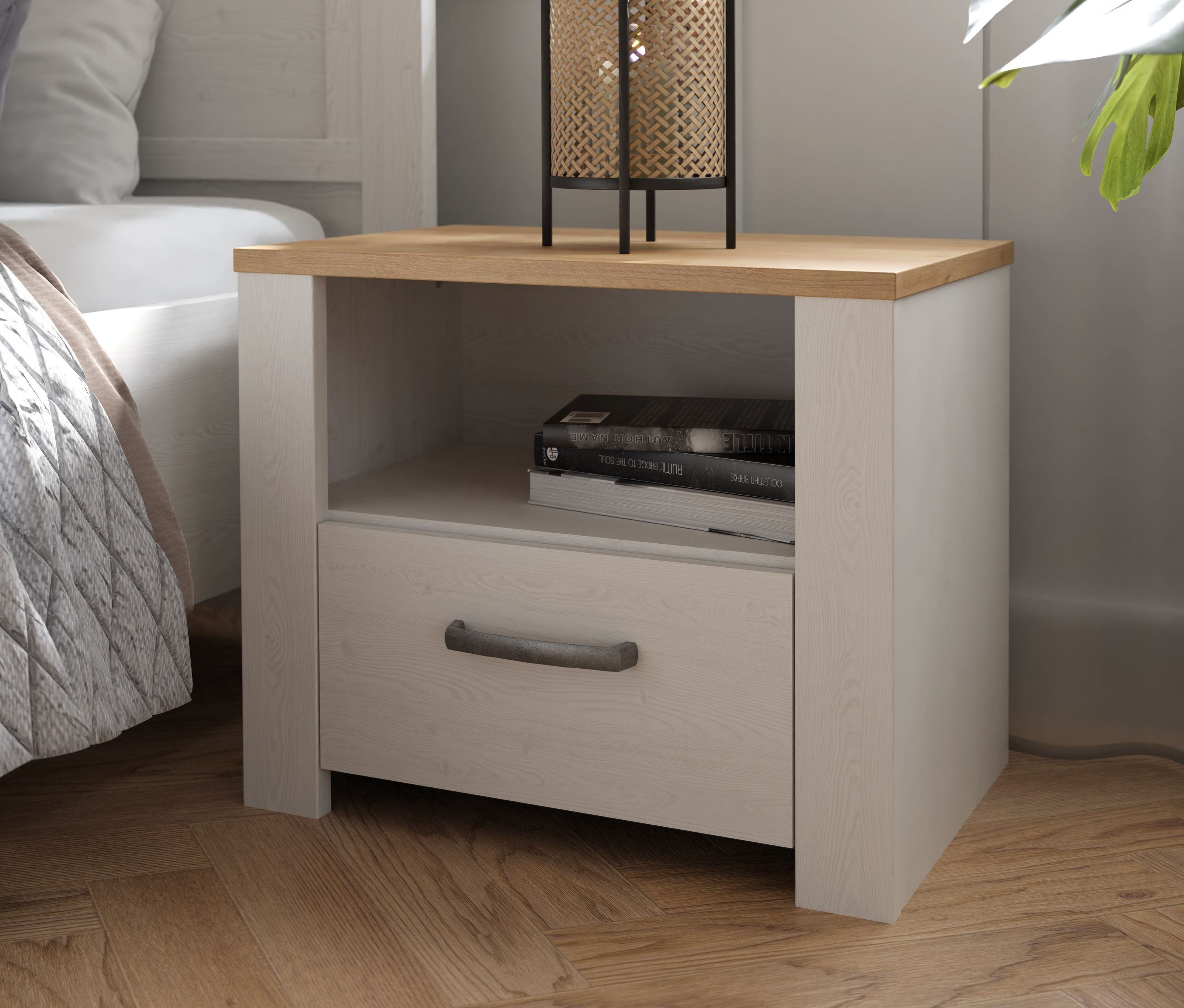 Chevet 1 tiroir et 1 niche - BOHOL - Chêne / Blanc - L61,6 x P42 x H52 cm