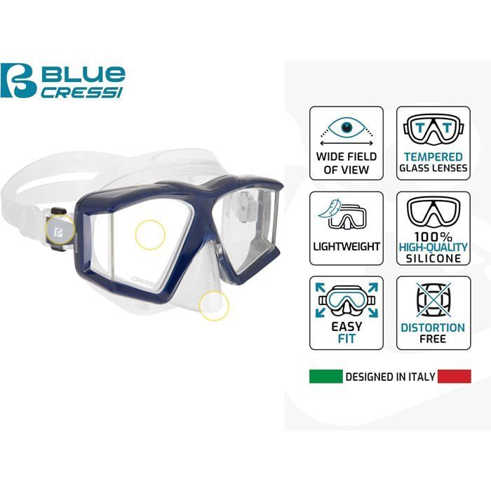 Conjunto CRESSI Horizon+Scilla con 4 lentes templadas y tubo de snorkel seco - Unisex para buceo/snorkel, azul marino