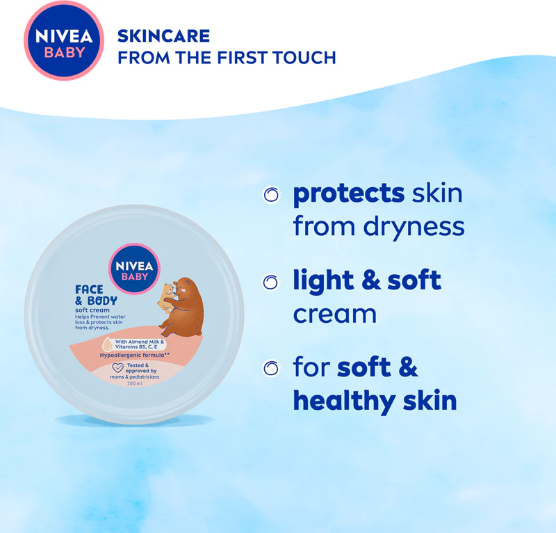 Creme hidratante suave NIVEA BABY para rosto e corpo.