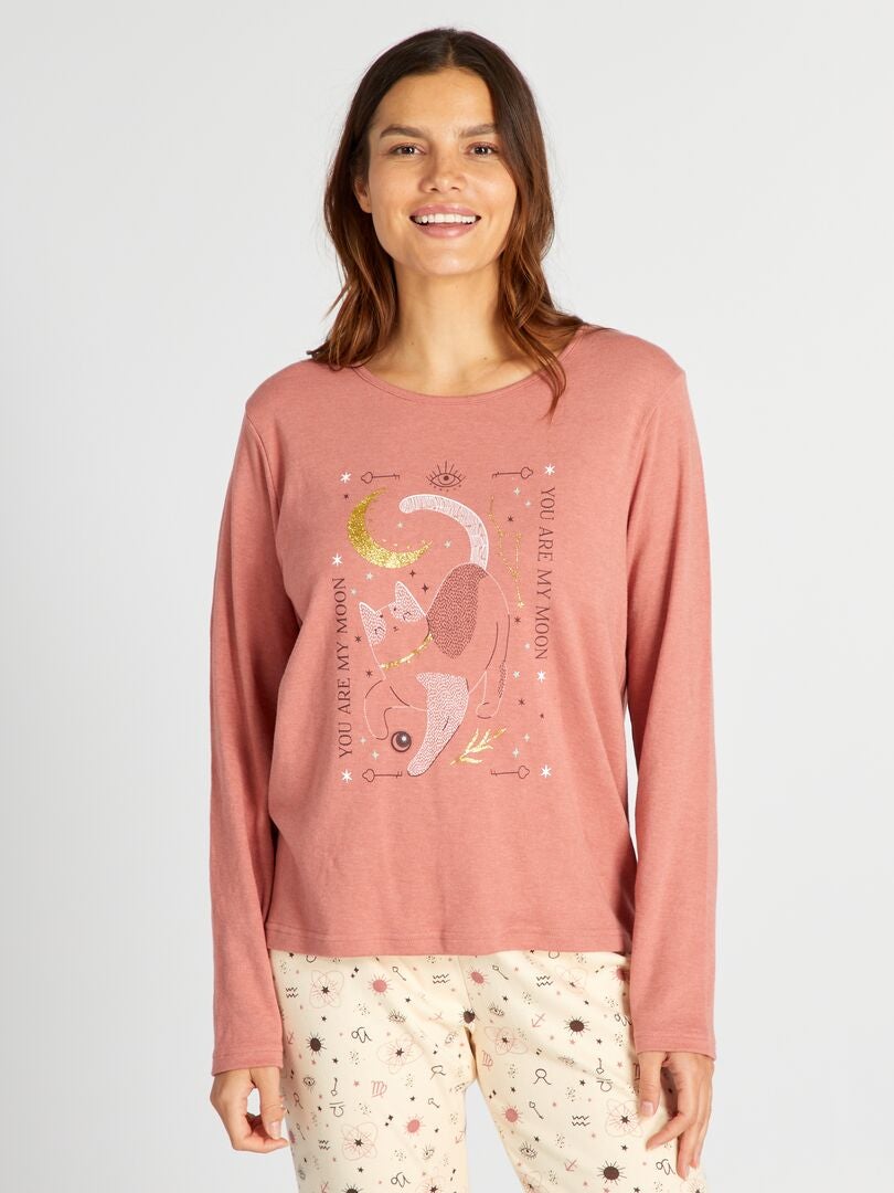 Conjunto de pijama composto por camiseta comprida e calça de malha - 2 peças - LARANJA