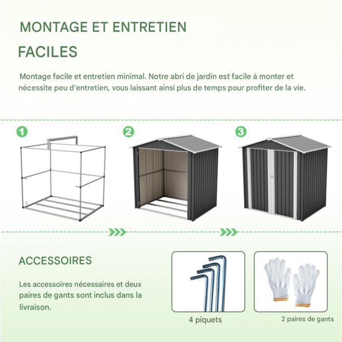Abri de jardin en métal, dimensions142x185cm,avec trous de ventilation,comprenant une base en métal et une porte verrouillable. Gr
