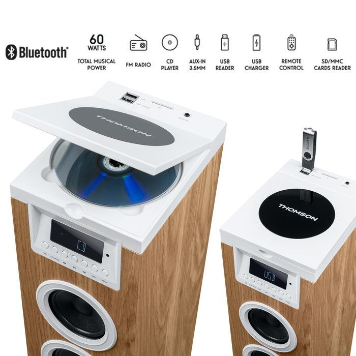Tour de son Thomson DS121CD - 60W, Multimedia Bluetooth, Lecteur CD, télécommande, AUX, RADIO FM, Bois/blanc, Jeu de lumière LED
