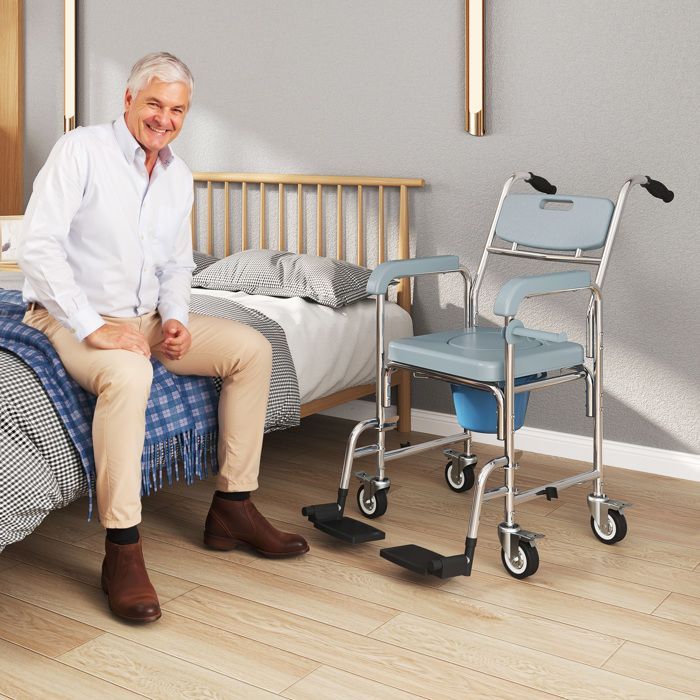 Silla inodoro para adultos - HOMCOM - con ruedas - reposapiés, respaldo y reposabrazos - aluminio y plástico - 53x97x97cm - gris