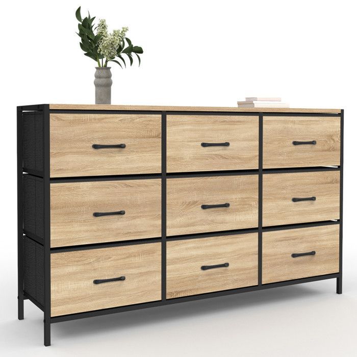 IDMARKET Commode 9 tiroirs en tissu UTAH 115 cm meuble de rangement design industriel