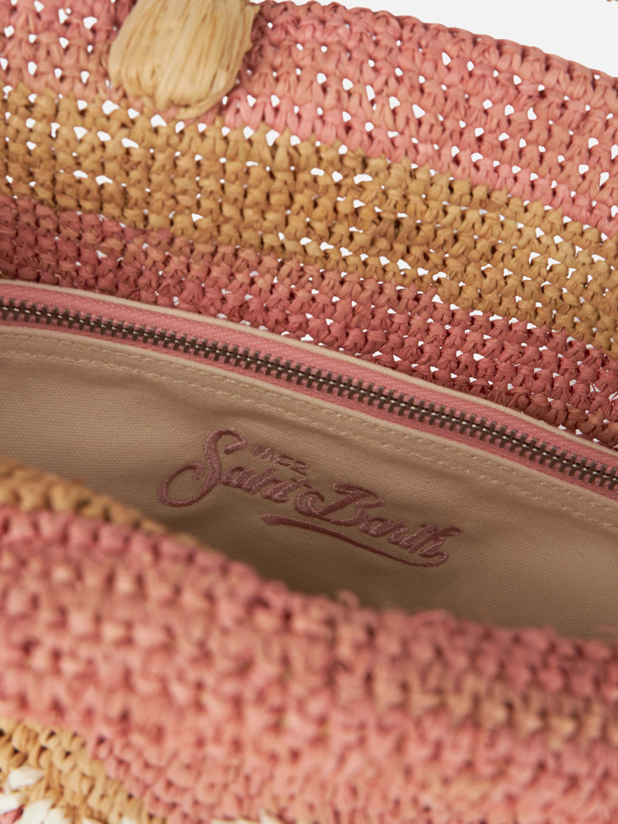 Roze gestreepte raffia midi strandtas met katoenen clutch