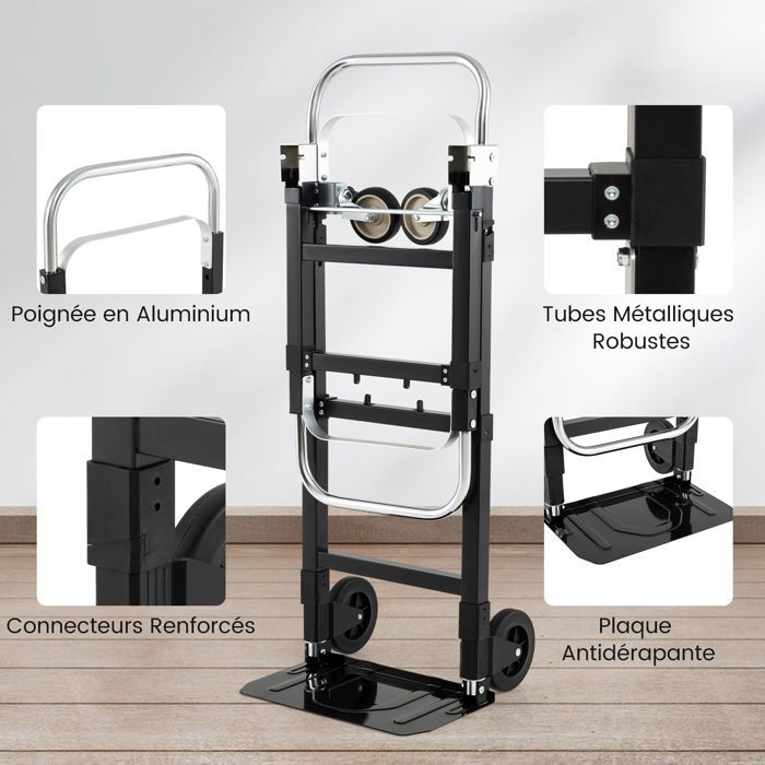 Carretilla plegable convertible 3 en 1 COSTWAY - Mango telescópico - Longitud ajustable - 4 ruedas para facilitar el transporte - 272 kg