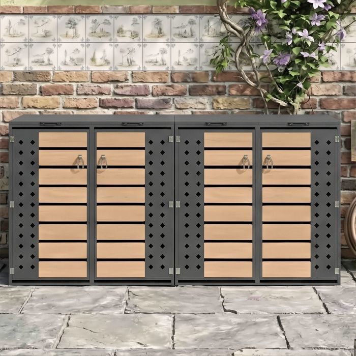 Tapa para contenedor cuádruple de 132×80×118,5 cm - Tapa hidráulica - Reciclaje y con cerradura - Acero galvanizado y madera