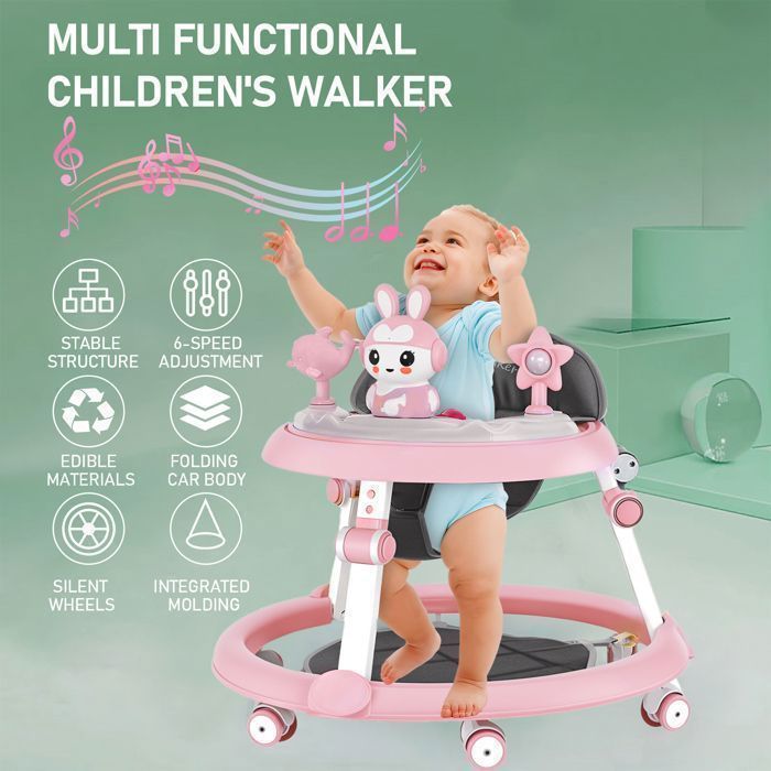Multifunctionele loopstoel voor baby's - Met muziekdisc - 6-18 maanden - 7 verstelbare hoogtes - Roze - Totale hoogte 52 cm