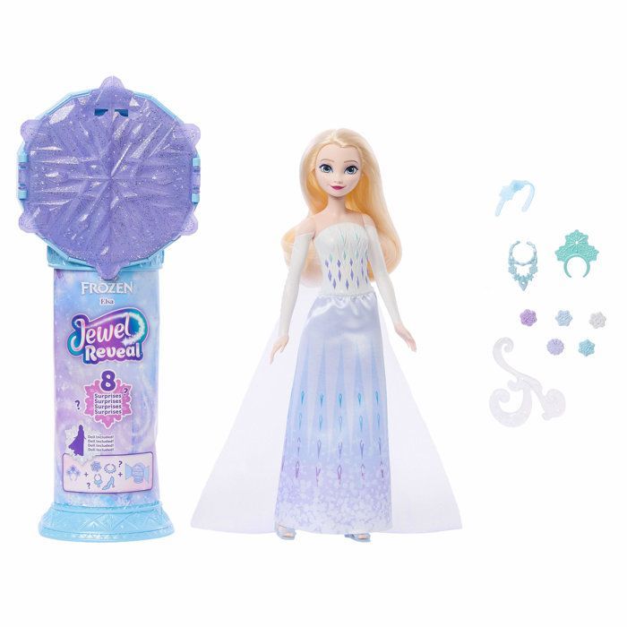 Jewel Reveal Elsa doll, Frozen, accessories with 8 surprises, 1 snowflake-shaped jewelry box, 1 ring