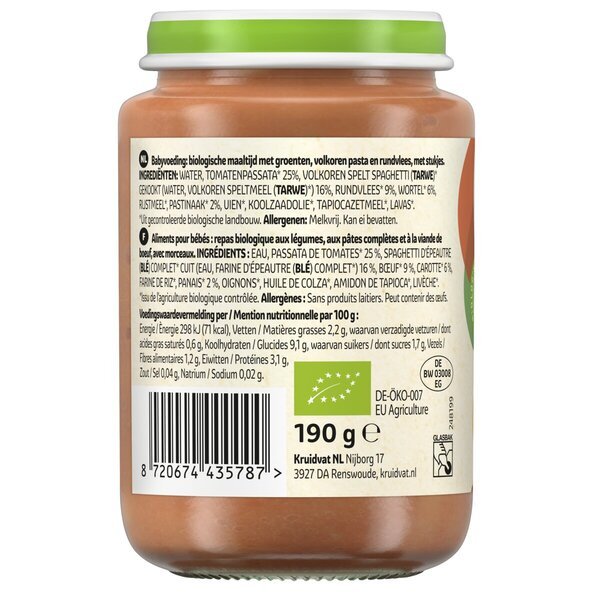„Kruidvat 8+M“ ekologiški spagečiai bolonėzės padaže, 190 g