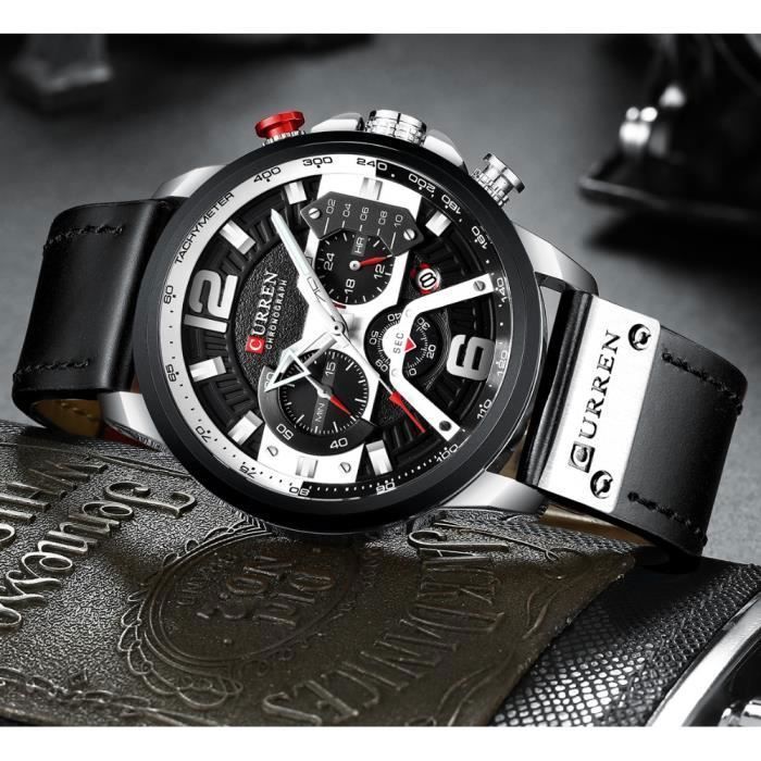 LINGYUE Montre de luxe pour hommes avec bracelet en cuir et montre de sport chronographe - Montre pour homme - Argent