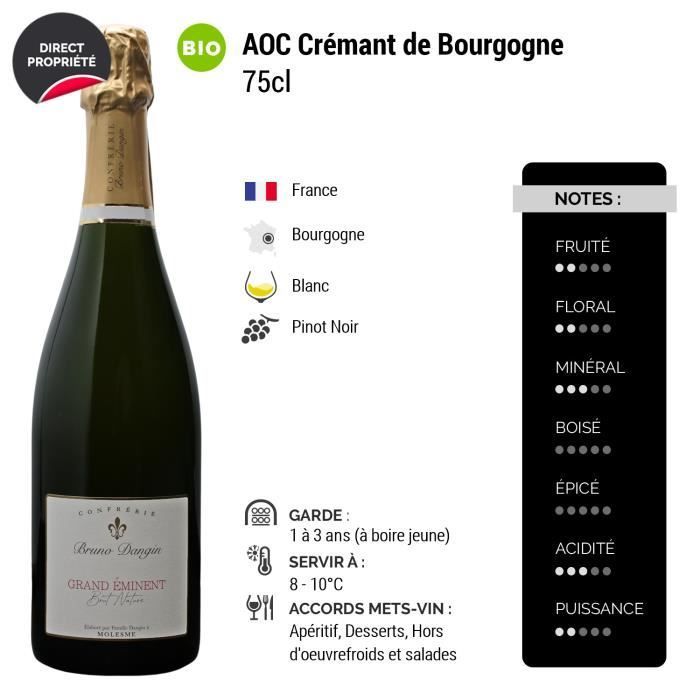 Crémant de Bourgogne Grand Éminent Brut Nature Blanc - Orgánico - Lote de 6x75cl - Bruno Dangin - Vino espumoso AOC Blanc de Bourgogne