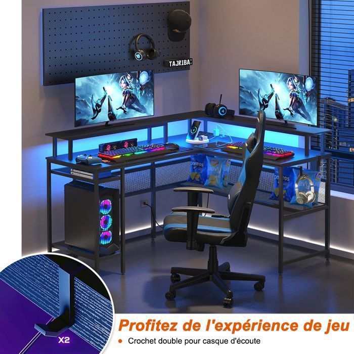 L-vormig gamingbureau - 140x120x75 cm - Hoekbureau met opbergruimte - Monitorstandaard - 2 USB-opladers, 3 stopcontacten, LED-verlichting