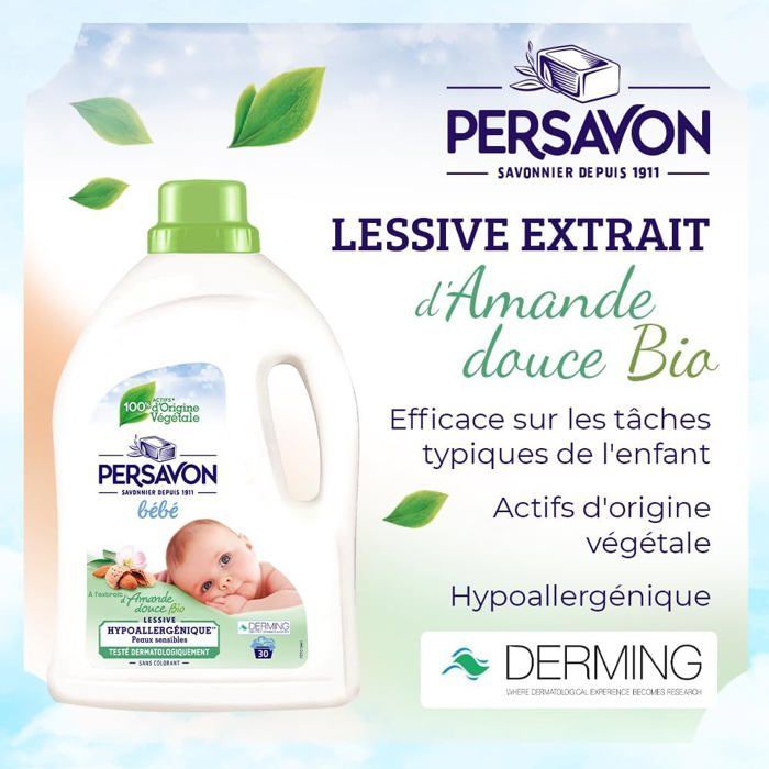 Babytvättmedel, med ekologiskt sötmandelextrakt, hypoallergent, känslig hud, färgfri, 33 tvättar - 1500 ml