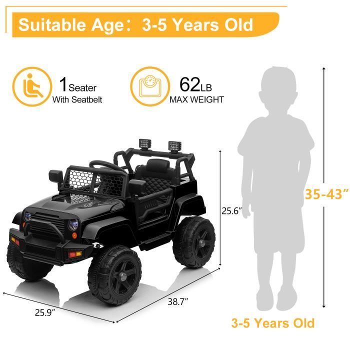 Coche eléctrico infantil (de 3 a 5 años) de 12 V, con mando a distancia, claxon y luces - 92 x 65 x 65 cm, color negro.