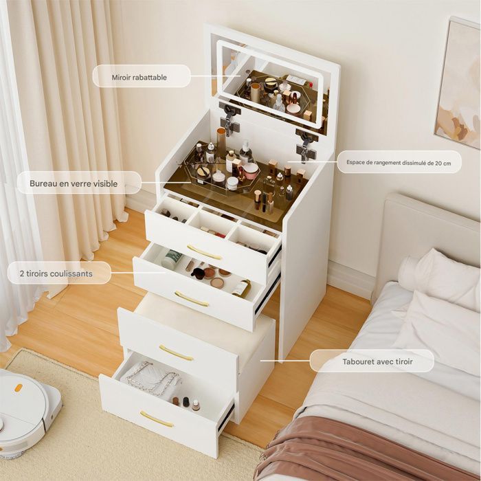 POCKETPOP Coiffeuse avec miroir et led, petit coiffeuse, 3 Tiroirs de Rangement, Style moderne, Blanc