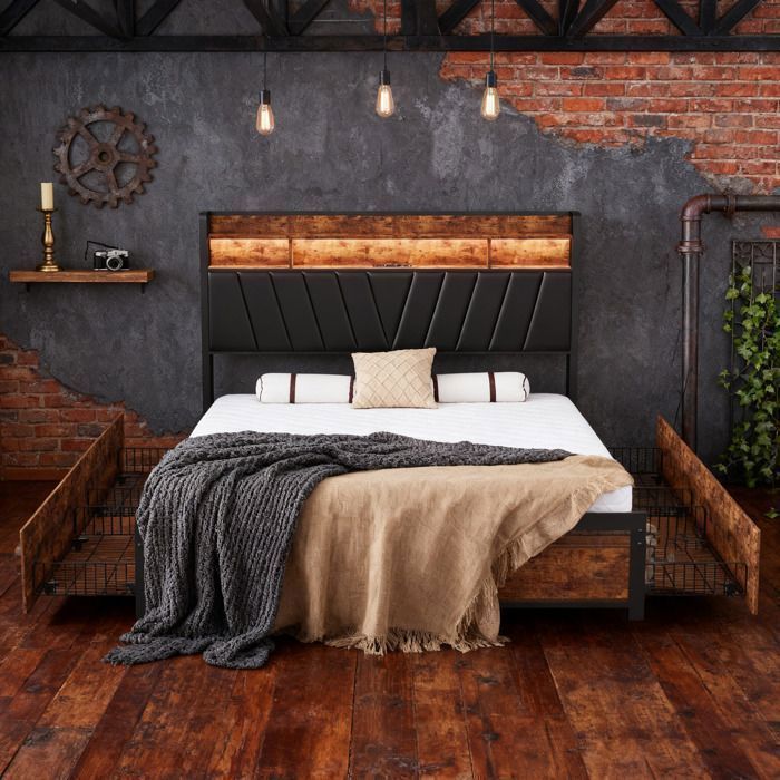 180x200 bed with slatted base - DRELYGWEA - king size 180x200 bed frame with storage - LED - Black and Brown