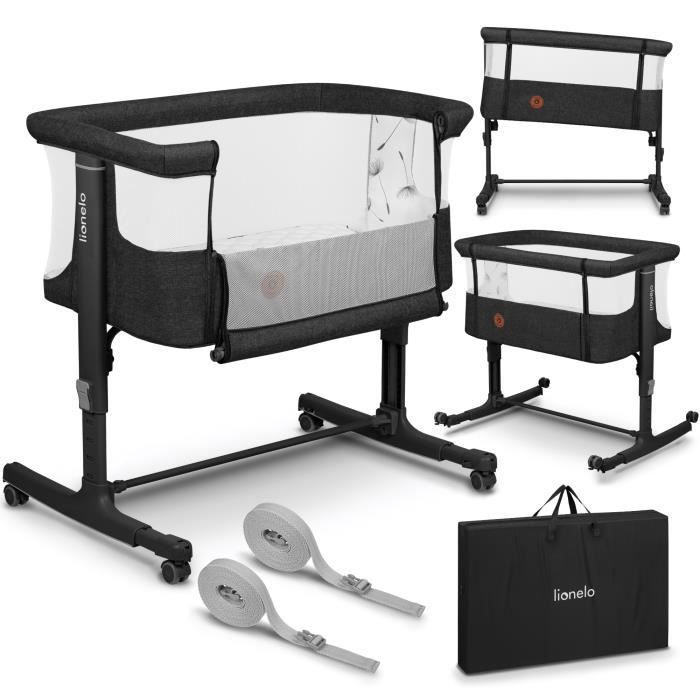 Lit bébé cododo LIONELO Aurora 3en1 - Réglage de la Hauteur et de l’Inclinaison - Jusqu'à 9 kg - Gris foncé