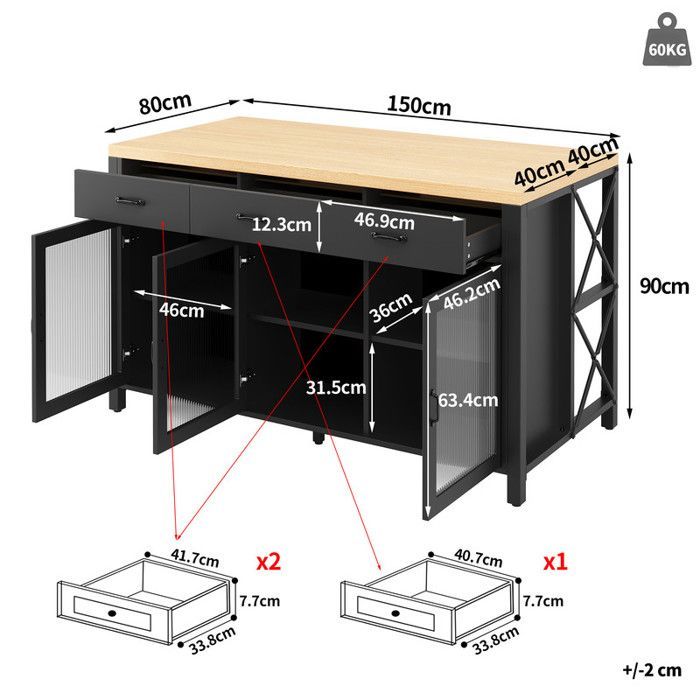 Luscriate - Isla de cocina con 4 taburetes, juego completo con cajones y armarios de almacenamiento, encimera, LED