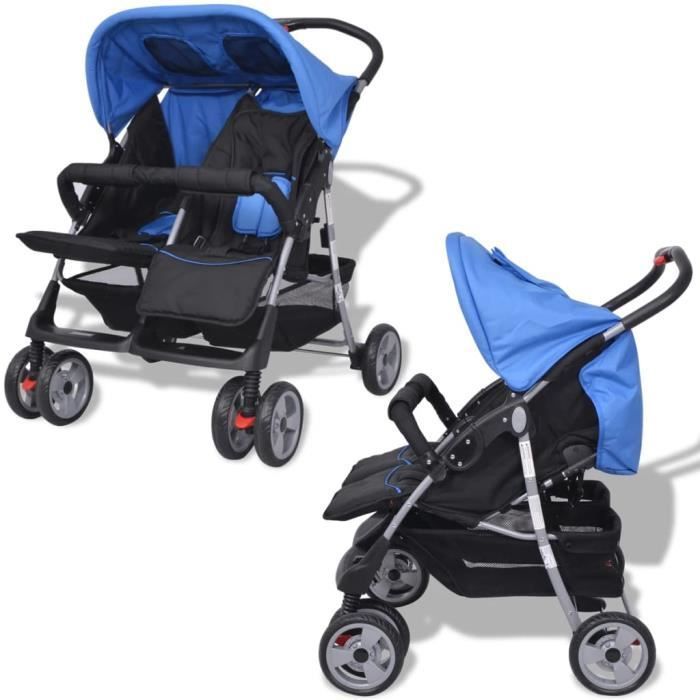 Twin Double Stroller - Two-Seat Stroller, Suitable for 1-2 Children - Steel, Blue and Black