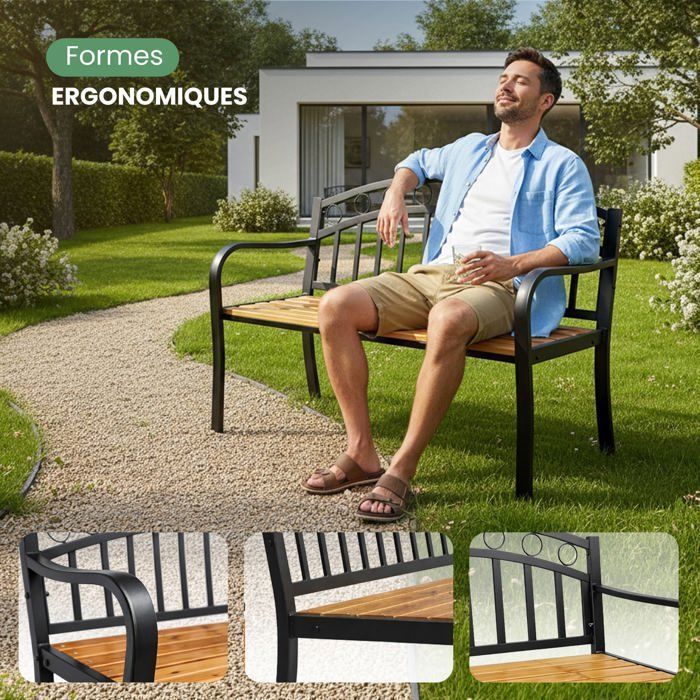 Banc de jardin ARUM en bois laqué, pieds en acier, largeur 127 cm