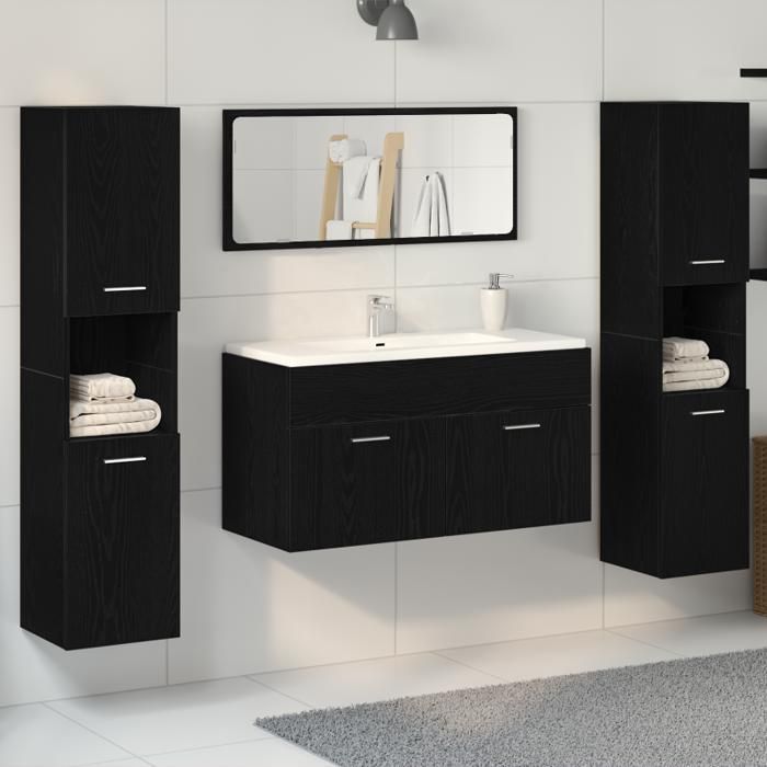 Bathroom furniture set - Black oak - 4 pieces - Engineered wood - Contemporary style
