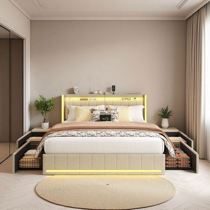 Lit 140x190 cm - COZY - LED - Tiroirs - cadre de lit double 140x190 cm - lit adulte 140x190 cm - tissu lin - beige
