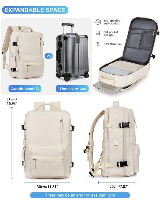Cabin Travel Backpack 43x20x30cm for Ryanair - Women's/Men's Travel Bag - Cabin Luggage - 20L Backpack with Anti-Theft Pouch