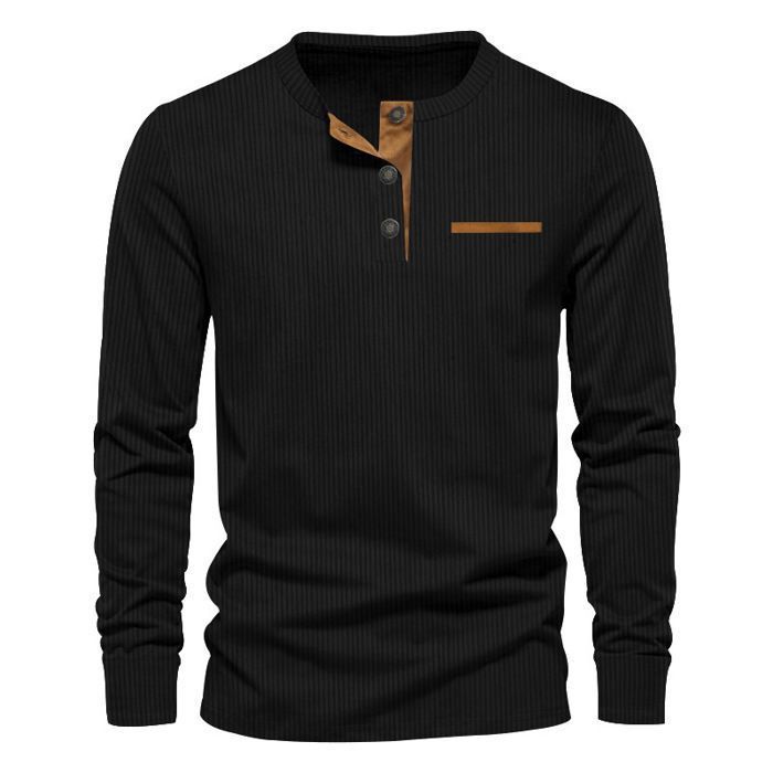 T-shirt casual da uomo a maniche lunghe in velluto a coste, vestibilità slim, scollo Henley, tinta unita, comoda - Taglia UE - Nero