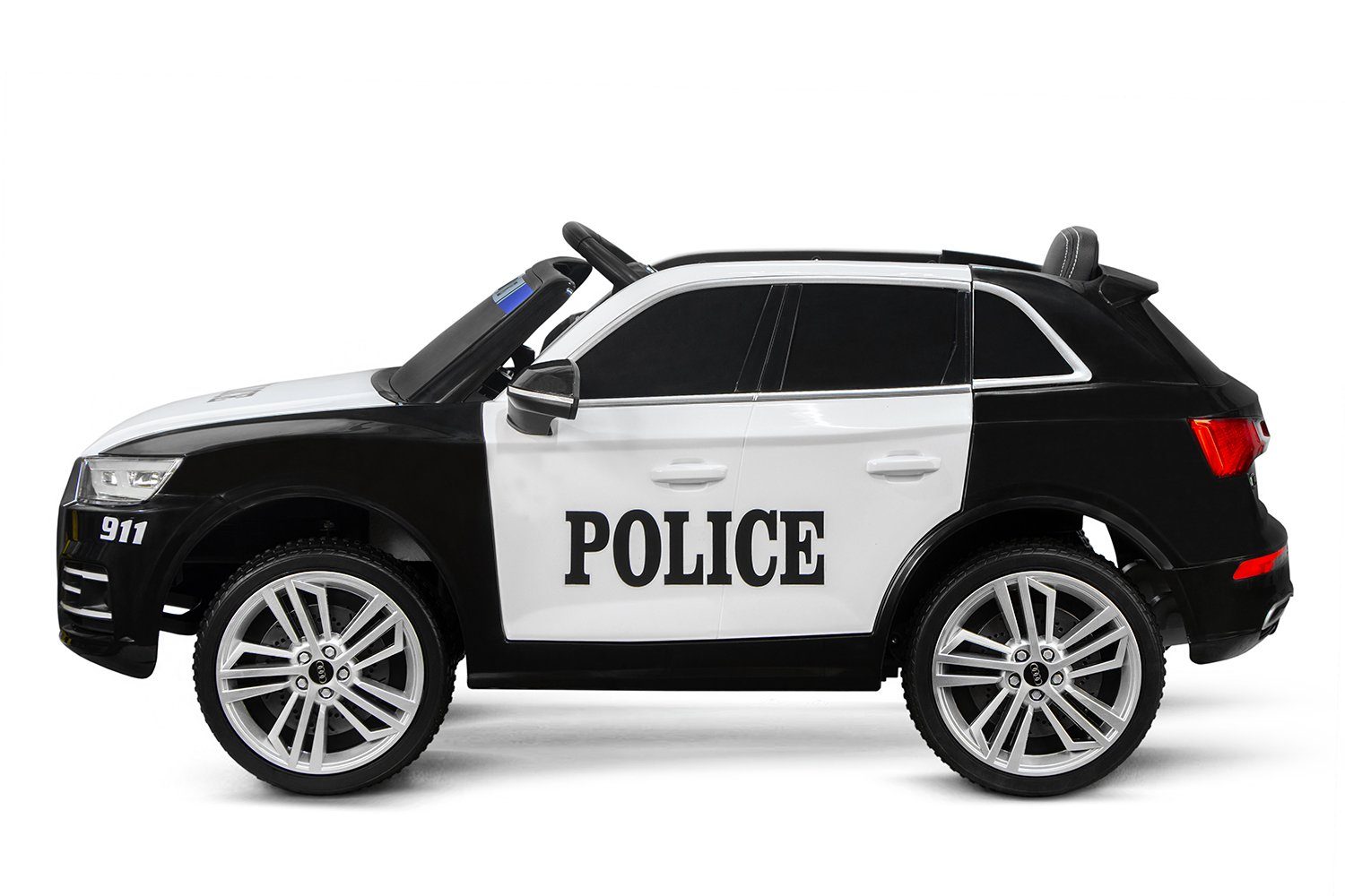 Auto elettrica per bambini Kidix, Audi Q5 Police, 2 batterie da 40W, 12V e 7Ah.