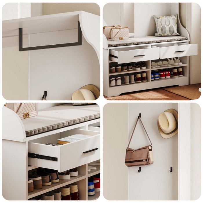 Garderobenschrank – Multifunktional – Integrierter Spiegel – 4 Haken – Schuhfach