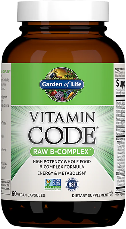 Garden of Life Vitamin Code RAW B-Complex voedingssupplementcapsules voor een gezond zenuwstelsel en een mooie huid.
