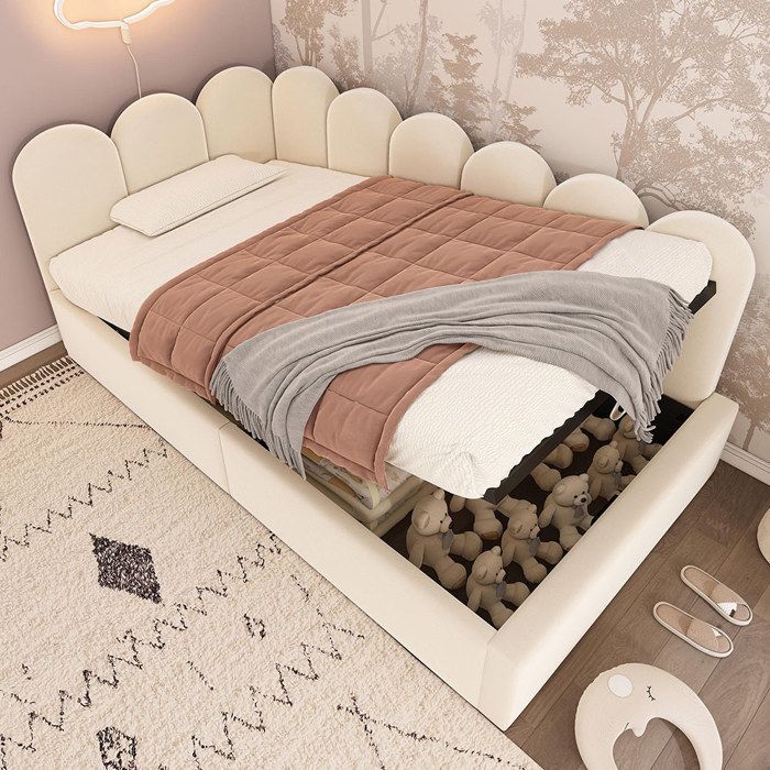Cama infantil con almacenamiento, 90x190 cm, sofá cama hidráulico, base de láminas de terciopelo beige.