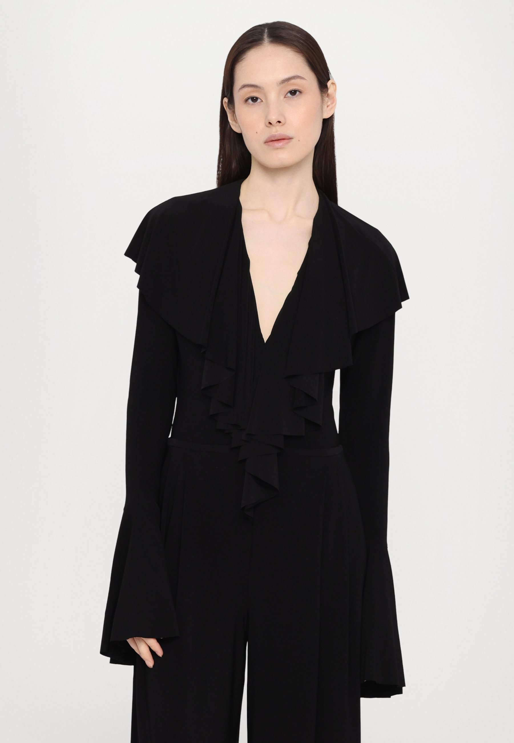 Norma Kamali Bodysuit met lange mouwen, diepe V-hals en ruches - Top met lange mouwen - zwart