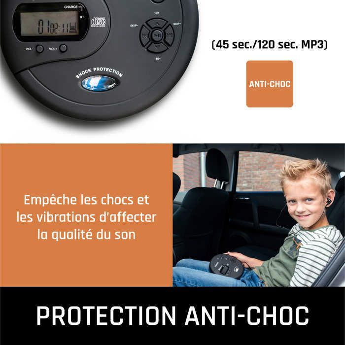 Lenco CD-300BK - Lecteur CD/MP3 Bluetooth® portable avec protection antichoc - Noir