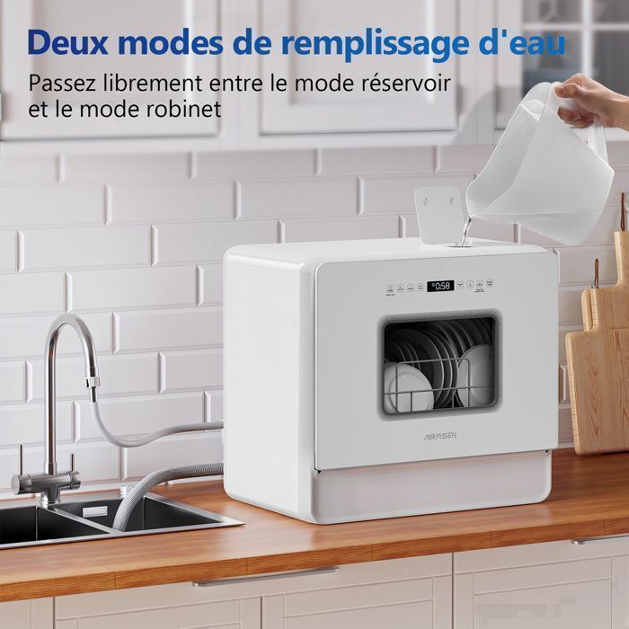 AIRMSEN Mini Dishwasher, No Plumbing Required, 5 Place Settings, 9 Programs, Freestanding, 5L Salt and Fabric Softener Reservoir for Small Kitchens