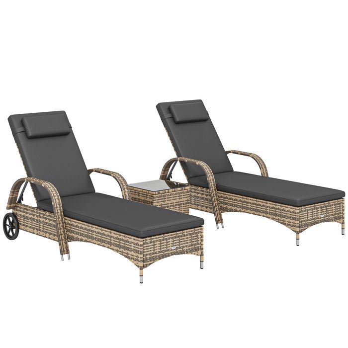 Set of 2 sun loungers - Outsunny - multi-position adjustable recline - armrests, wheels, coffee table - PE resin - dark grey
