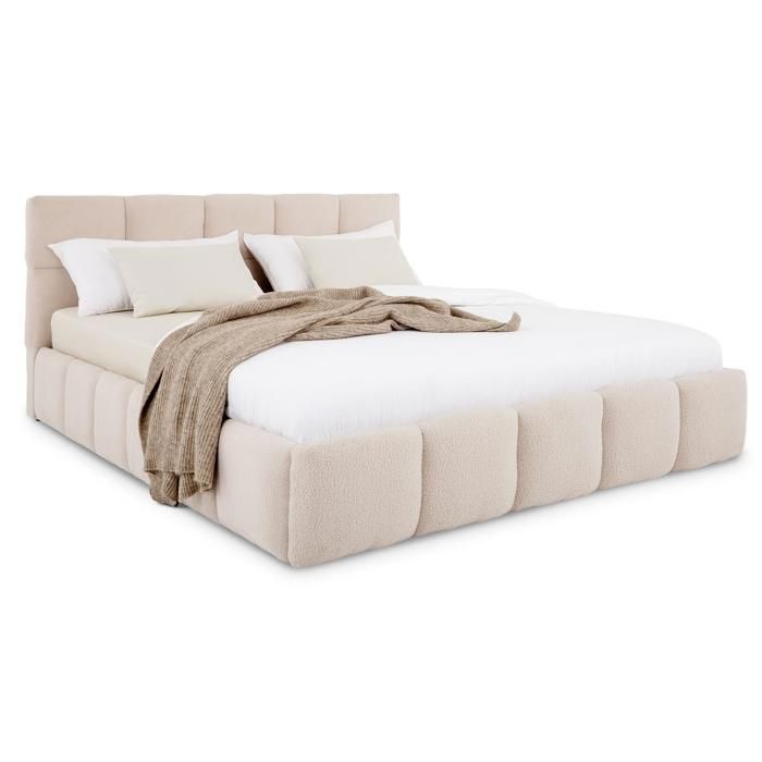 Cama doble CLOUDY, tapizada, 160 x 200 cm, tamaño Queen, color beige, confort óptimo con somier de láminas incluido.